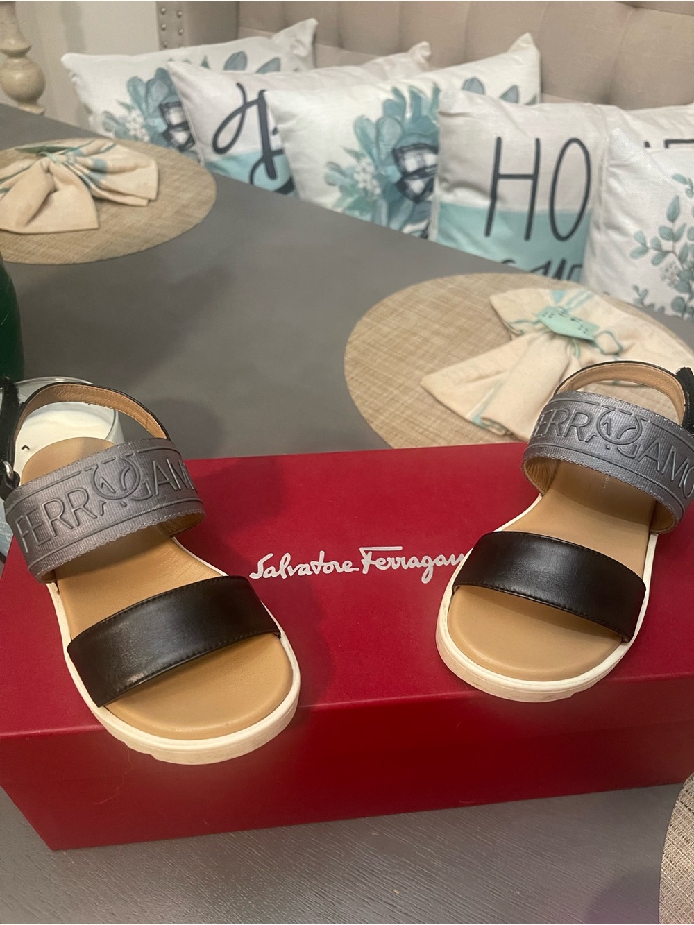 Salvatore Ferragamo Black, Gray & Cream Leather Slide Sandals